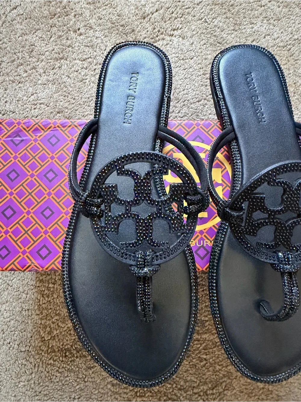 Tory Burch Black Beaded Miller Thong Sandals